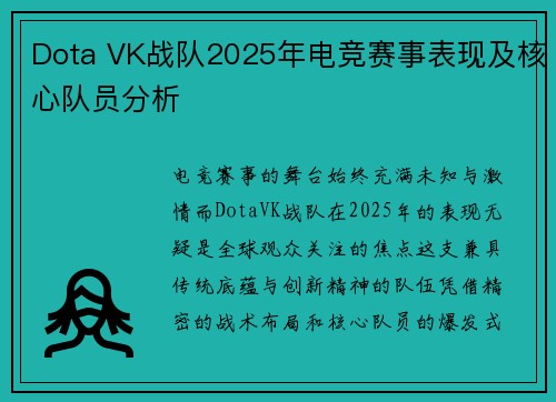 Dota VK战队2025年电竞赛事表现及核心队员分析