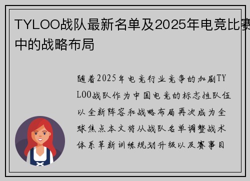 TYLOO战队最新名单及2025年电竞比赛中的战略布局