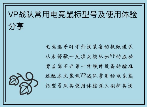 VP战队常用电竞鼠标型号及使用体验分享